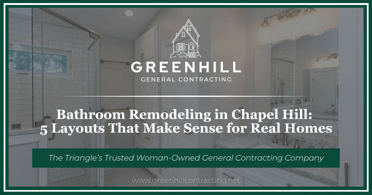 Green Hill Contracting article cover: remodeled white bathroom with a glass walk-in shower, marble-top vanity and wide mirror